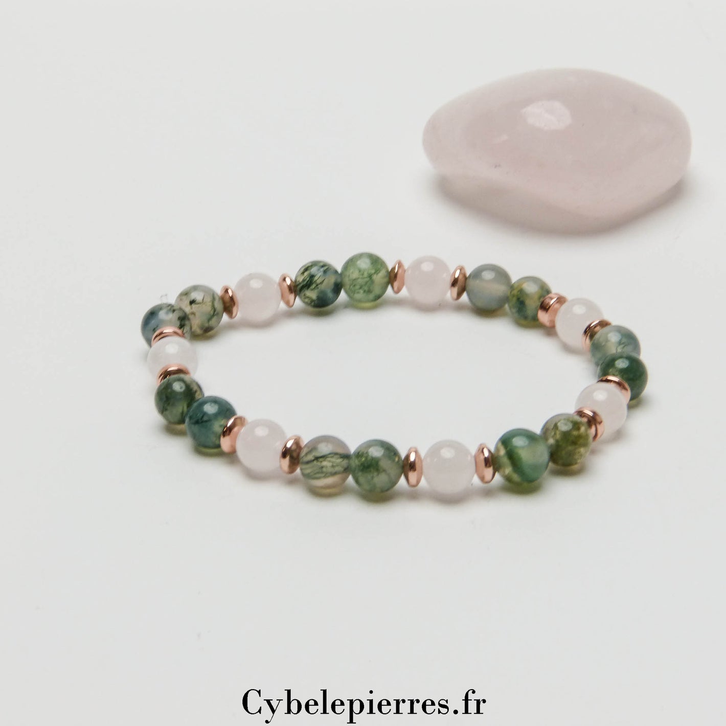 Bracelet Eclosion des projets- Agate mousse et Quartz Rose (6mm) - 18cm