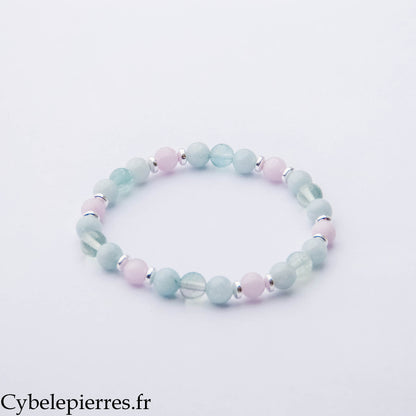 Bracelet Onde Apaisante – Kunzite, Aigue-Marine et Fluorite (6 mm) – 18 cm | Sérénité, Intuition et Douceur
