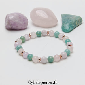 Bracelet Souffle nouveau -Quartz rose, Kunzite et Amazonite (6mm) - 18cm