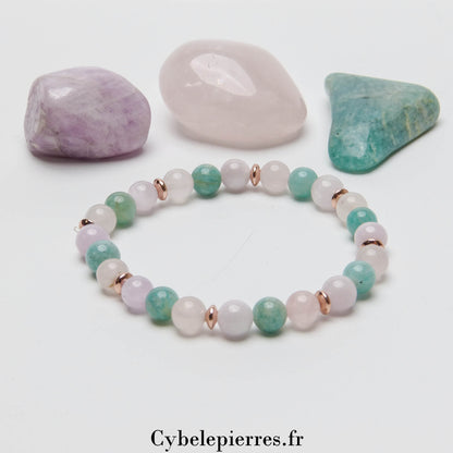 Bracelet Souffle nouveau -Quartz rose, Kunzite et Amazonite (6mm) - 18cm