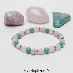 Bracelet Souffle nouveau -Quartz rose, Kunzite et Amazonite (6mm) - 18cm