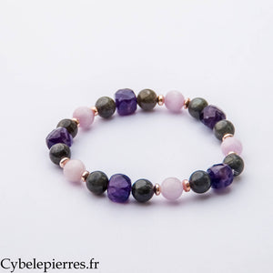 Bracelet Hécate – Labradorite, Kunzite et Améthyste Carrée Facettée (8 mm) – 19 cm | Intuition, Protection et Transformation