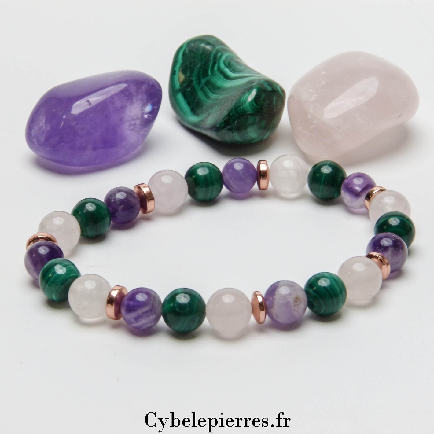 Bracelet Émotions et Décisions – Améthyste, Quartz Rose & Malachite (8mm) – 19 cm | Sérénité et Clarté d’Esprit