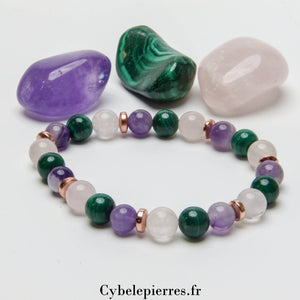 Bracelet Émotions et Décisions – Améthyste, Quartz Rose & Malachite (8mm) – 19 cm | Sérénité et Clarté d’Esprit