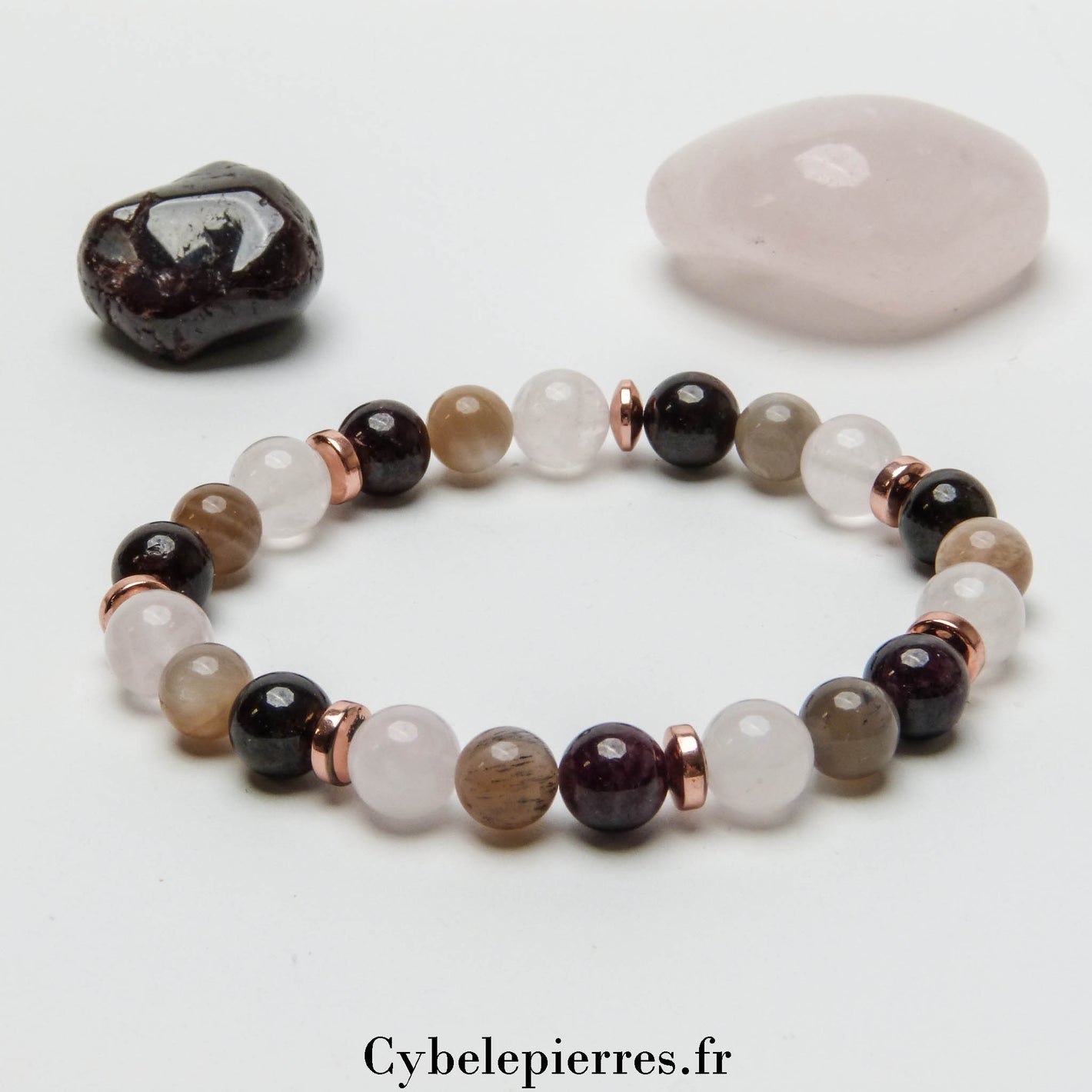 Bracelet Reine des Fées – Grenat, Quartz Rose & Pierre de Lune Pêche (8mm) – 19 cm | Féminité et Énergie Créative