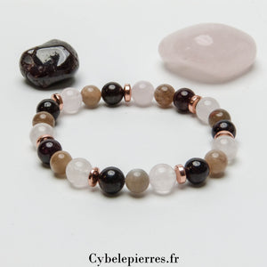 Bracelet Reine des Fées – Grenat, Quartz Rose & Pierre de Lune Pêche (8mm) – 19 cm | Féminité et Énergie Créative