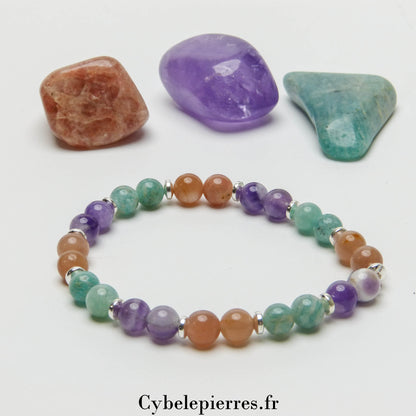 Bracelet Pastel - Amazonite, Pierre de Soleil et Améthyste (6mm) - 17cm | Harmonie et Énergie