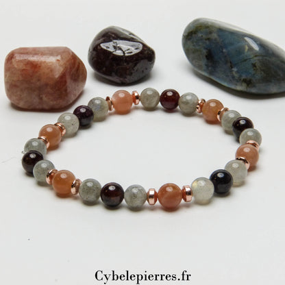 Bracelet "Queen"- Grenat, Pierre de Soleil et Labradorite (6mm)- 18cm