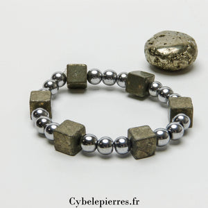 Bracelet Hématite teintée et Pyrite carré (8 et 10mm) - 18cm | Force et Protection