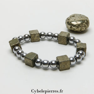 Bracelet Hématite teintée et Pyrite carré (8 et 10mm) - 18cm | Force et Protection