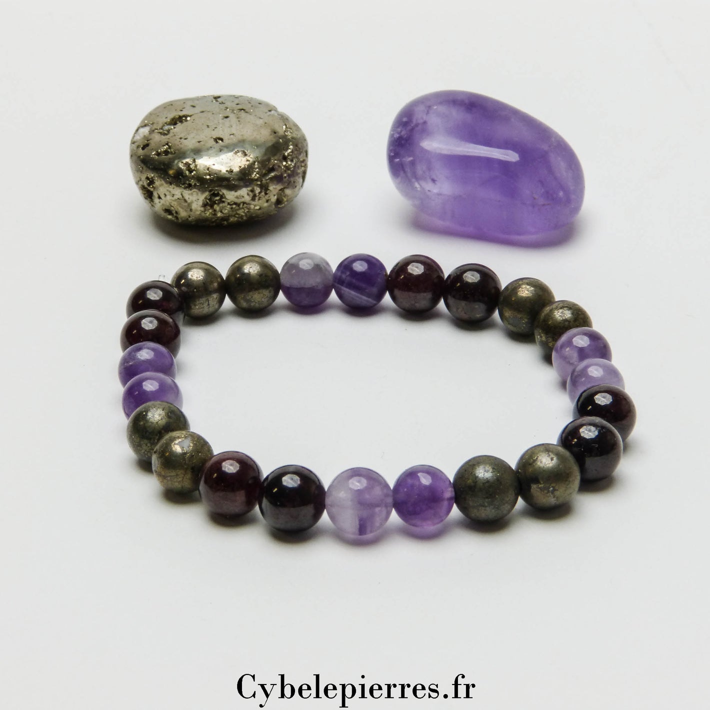 Bracelet Charme Améthyste, Pyrite et Grenat (8 mm) - 19 cm | Équilibre et Vitalité