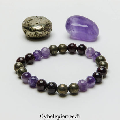 Bracelet Charme Améthyste, Pyrite et Grenat (8 mm) - 19 cm | Équilibre et Vitalité