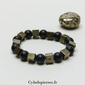 Bracelet Force - Pyrite carrée et Onyx mat (10mm) - 18cm | Protection et Résilience