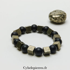 Bracelet Force - Pyrite carrée et Onyx mat (10mm) - 18cm | Protection et Résilience