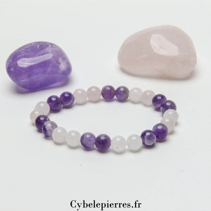 Bracelet Quartz Rose et Améthyste (6mm) - 16cm | Apaisement et Équilibre