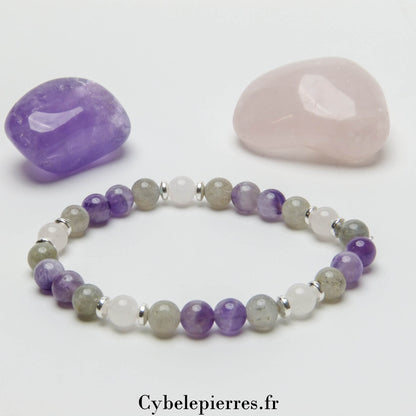 Bracelet Perfection- Labradorite, Quartz rose et Améthyste (6mm) - 18cm