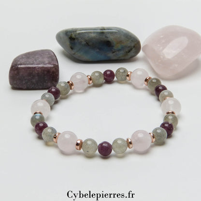 Bracelet Bye-Bye les Insomnies !  - Quartz rose, Labradorite et Lépidolite (6 et 8mm) - 18cm