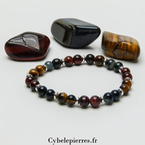 Bracelet Triple Protection – Œil de Faucon, Œil de Tigre, Œil de Taureau (6 mm) – 17 cm | Force et Stabilité