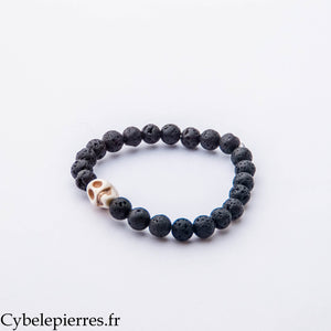 Bracelet Halloween – Pierre de Lave et Tête de Mort en Howlite (6 mm) – 15 cm | Force, Ancrage et Calme