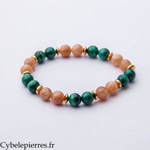 Bracelet Énergie et Émotions – Malachite et Pierre de Soleil (8 mm) – 19 cm | Vitalité, Confiance et Équilibre