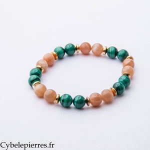 Bracelet Énergie et Émotions – Malachite et Pierre de Soleil (8 mm) – 19 cm | Vitalité, Confiance et Équilibre