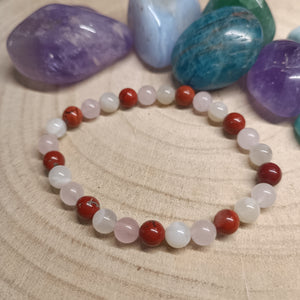Bracelet Harmonie - Quartz rose, Jaspe rouge et Pierre de Lune blanche (6mm) - 18cm