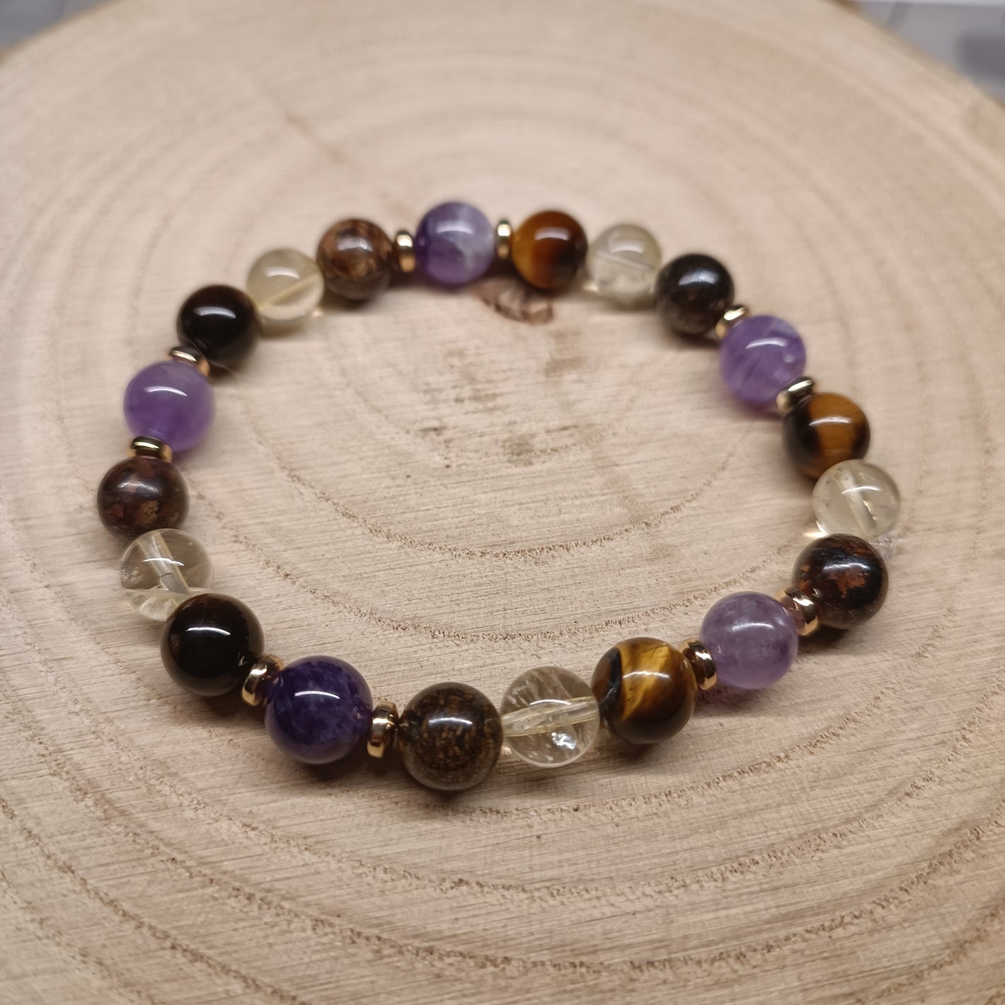 Bracelet Sagesse Lumineuse - Améthyste, Oeil de tigre, Bronzite et Citrine (8mm) - 18cm