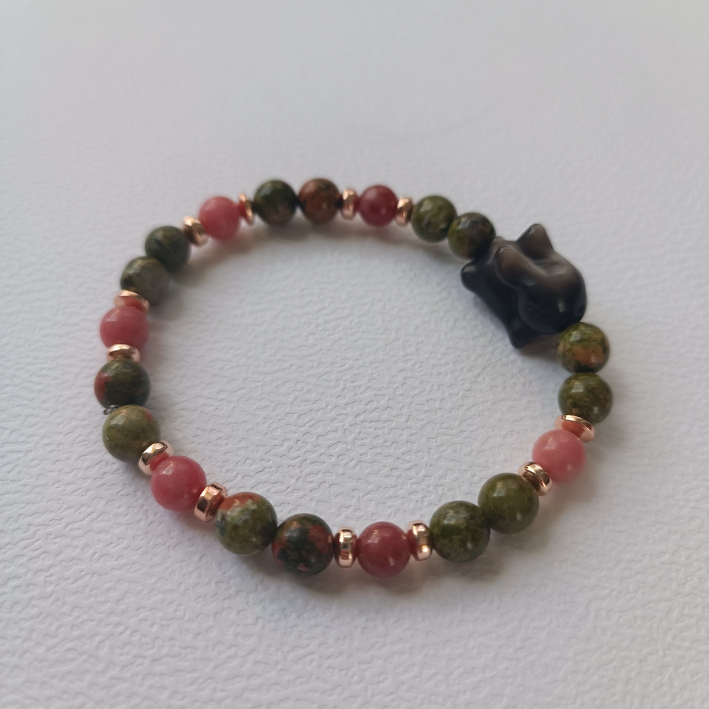 Réservé - Bracelet Lapinou – Obsidienne Argentée, Thulite & Unakite (6 mm) – 18 cm | Émotions & Confiance en soi
