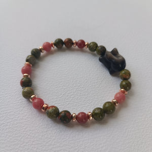 Réservé - Bracelet Lapinou – Obsidienne Argentée, Thulite & Unakite (6 mm) – 18 cm | Émotions & Confiance en soi