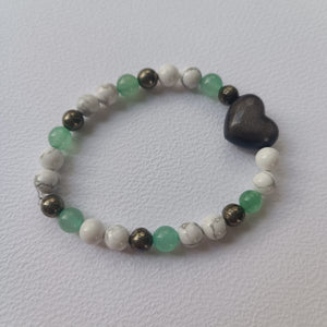 Reservé - Bracelet Obsidienne Argentée Cœur, Pyrite, Howlite & Aventurine Verte (6 mm) – 16 cm | Amour Éternel