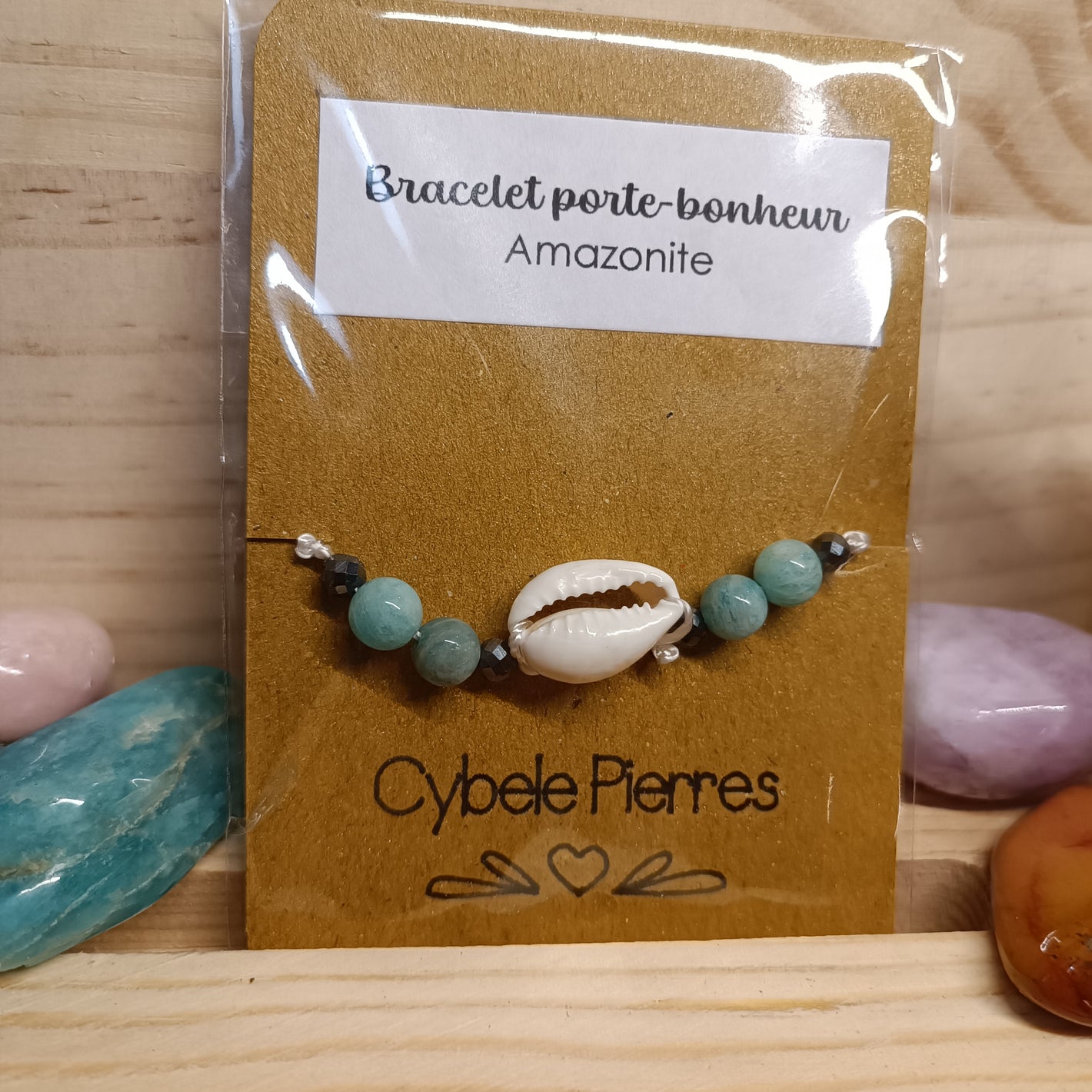 03 - Bracelet Porte-bonheur réglable cordon - Amazonite et Coquillage