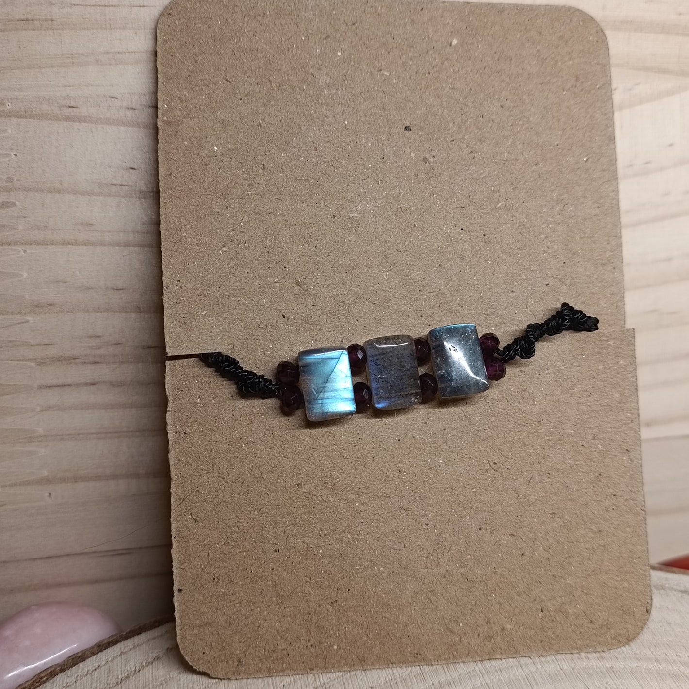 Bracelet Porte-bonheur réglable cordon - Labradorite et Grenat