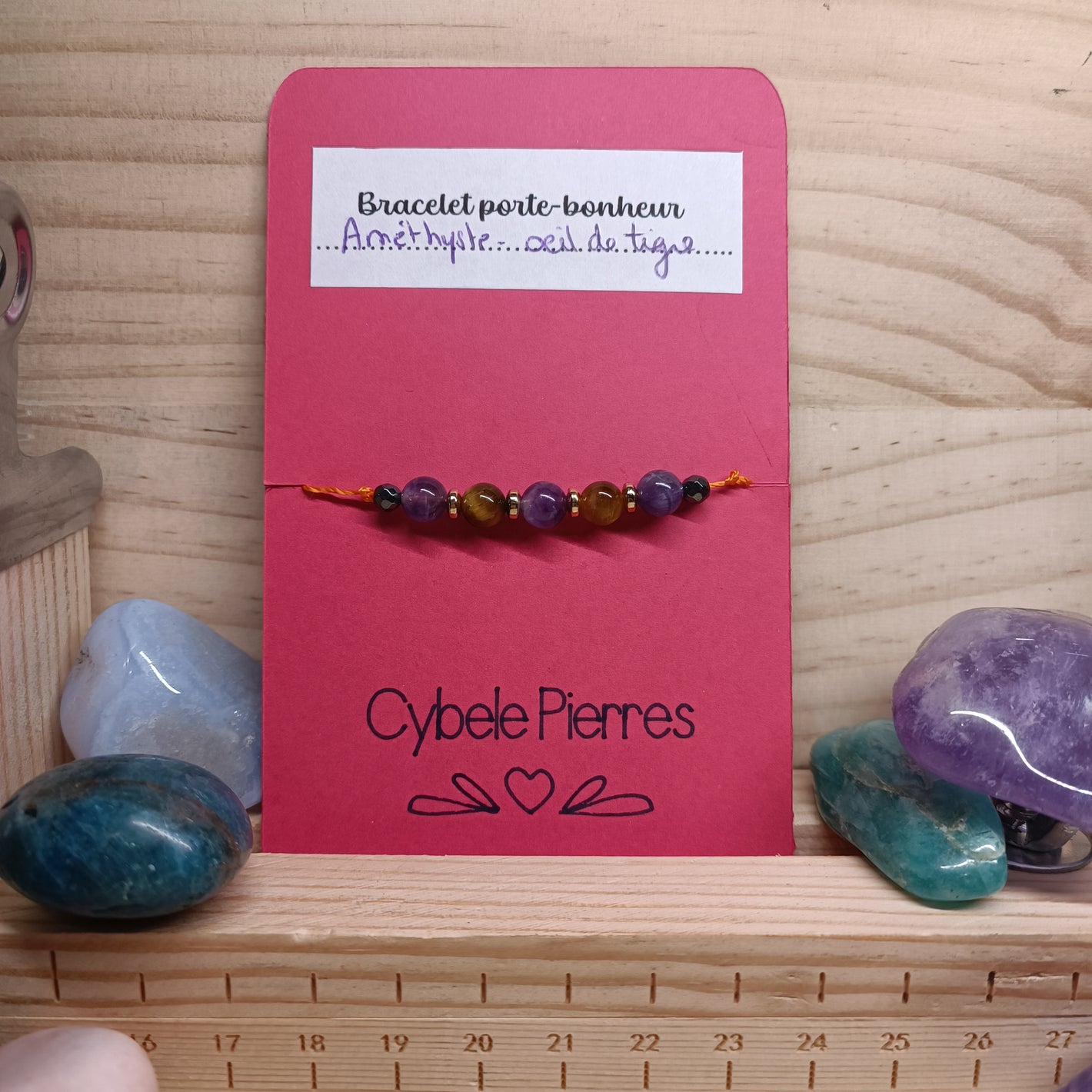 50- Bracelet Porte-bonheur réglable cordon - Améthyste & Oeil de tigre (6mm)