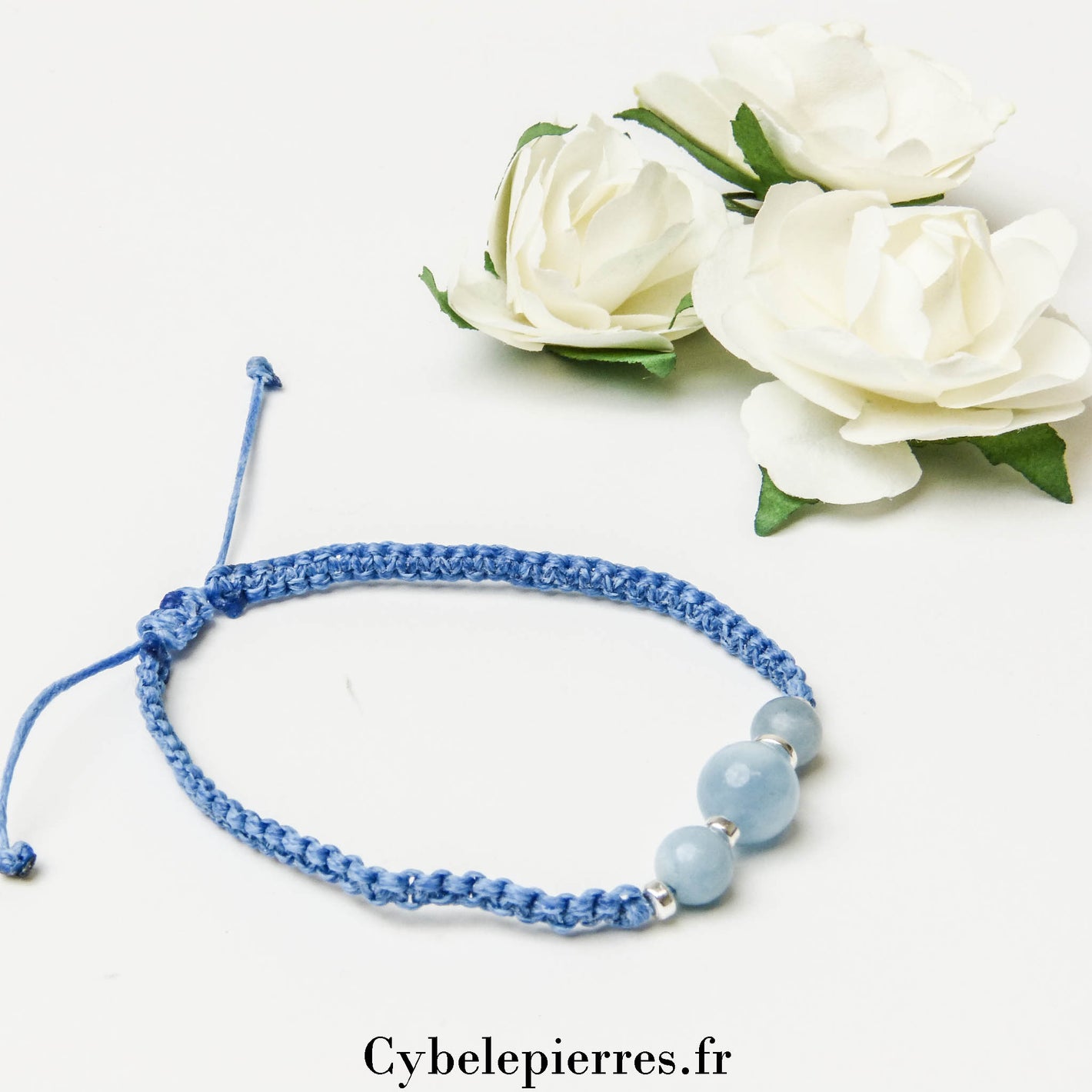 Bracelet Aigue-marine en micro-macramé (6mm) - 18cm