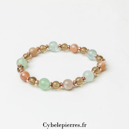 Bracelet Rayonnement Intérieur – Quartz Fumé, Pierre de Soleil et Fluorite (6 et 8mm) – 18cm | Énergie et Confiance