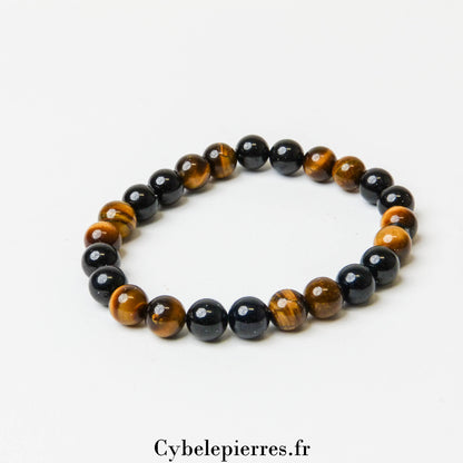 Bracelet Homme Bouclier – Œil de Tigre et Tourmaline (8mm) – 20 cm | Protection et Force