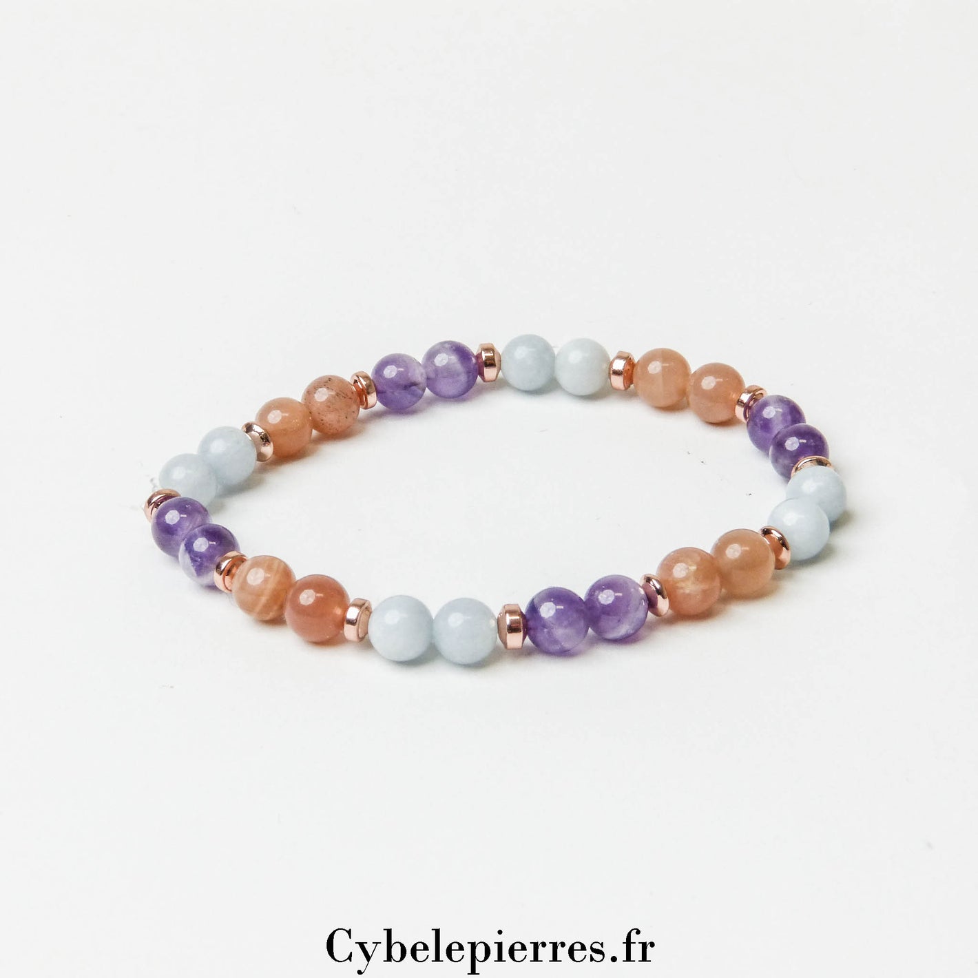 Bracelet Confiance en soi infinie - Aigue-marine, Pierre de Soleil et Améthyste (6mm) | 17cm | Équilibre et Vitalité