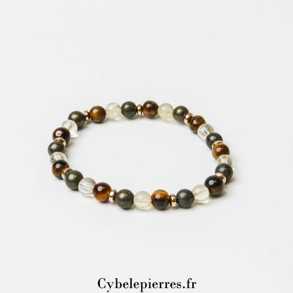 Bracelet Chance – Œil de Tigre, Citrine & Pyrite (6mm) – 18 cm | Prospérité & Réussite