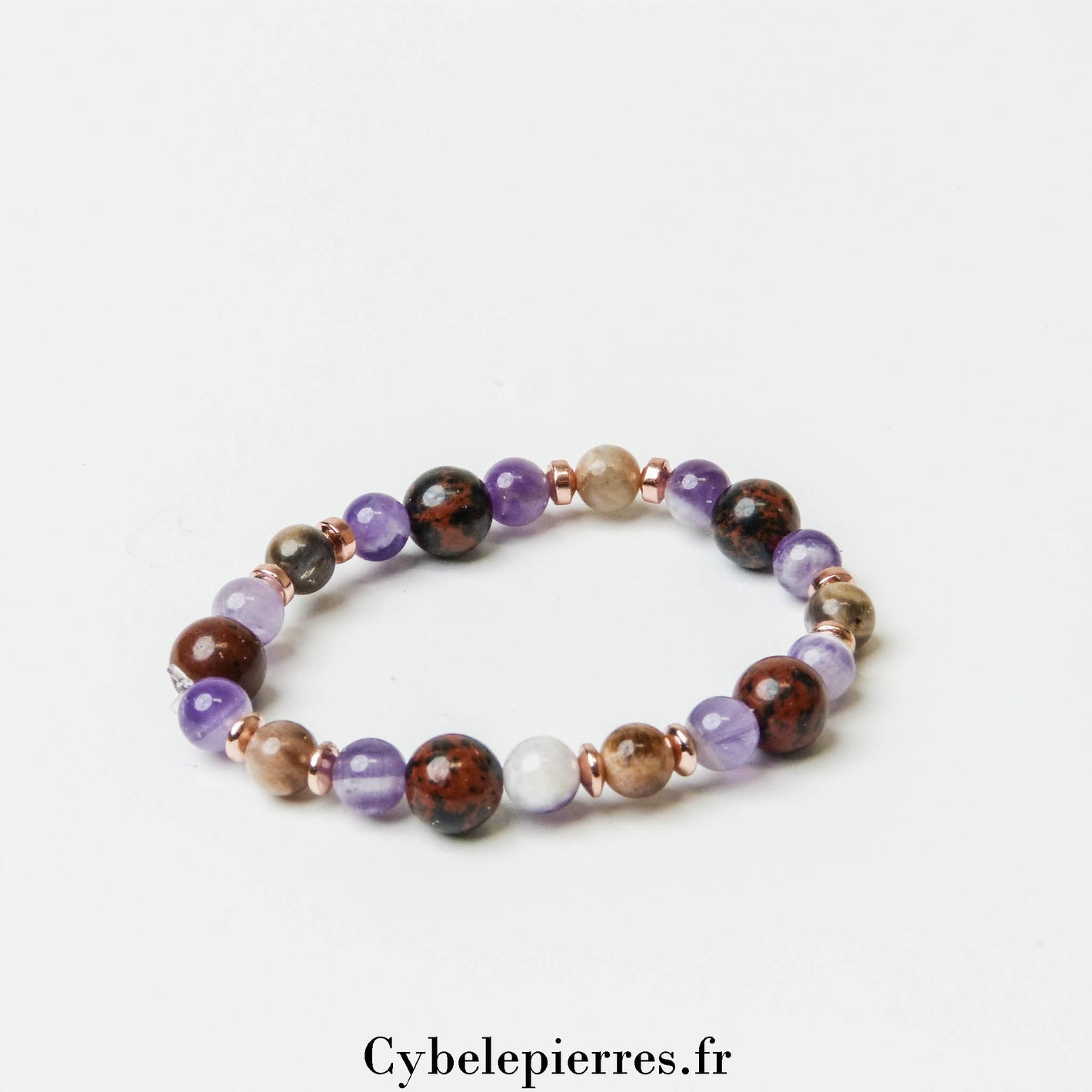 Bracelet "Je suis mon instinct" -Améthyste, Obsidienne acajou et Pierre de Lune (6 et 8mm) - 19cm