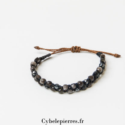 Bracelet Micro-macramé Obsidienne Argentée Carré Facetté | Élégance et Protection