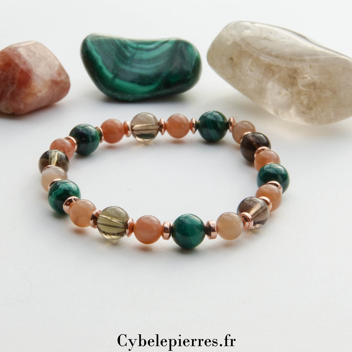 Bracelet Malachite, Quartz Fumé (8mm) et Pierre de Soleil (6mm) – 18cm | Protection et Vitalité