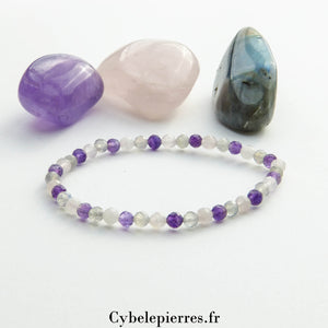 Bracelet Quartz Rose, Améthyste et Labradorite facetté (4mm) – Douceur et Protection (17cm)