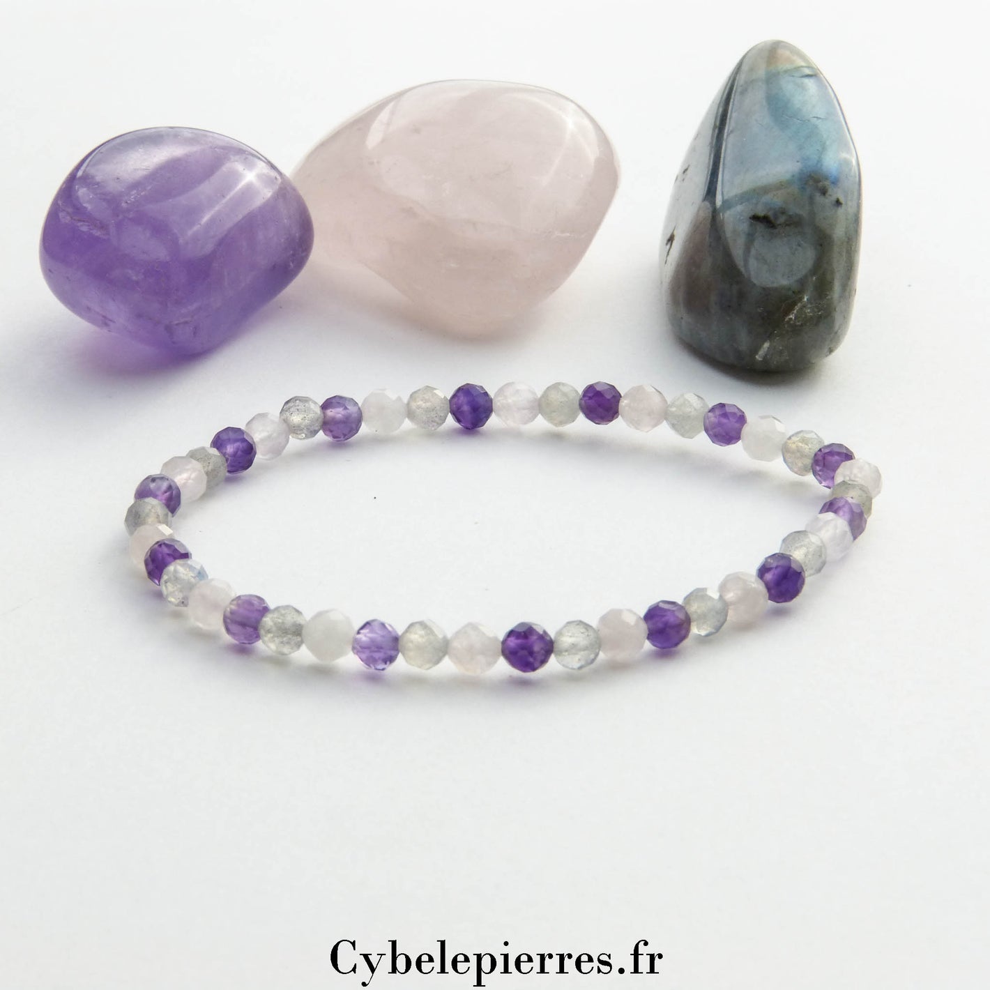 Bracelet Quartz Rose, Améthyste et Labradorite facetté (4mm) – Douceur et Protection (17cm)