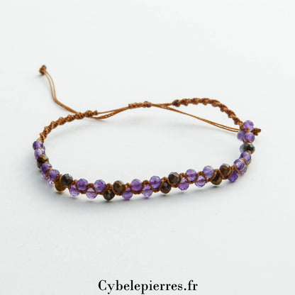 Bracelet réglable micro-macramé - Améthyste et Œil de Tigre (3mm) | Protection et Confiance