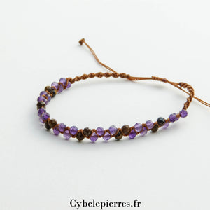 Bracelet réglable micro-macramé - Améthyste et Œil de Tigre (3mm) | Protection et Confiance