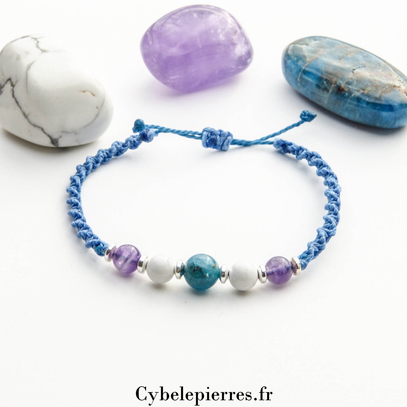 Bracelet Porte-bonheur réglable cordon - Améthyste, Apatite bleue et Howlite (6mm)