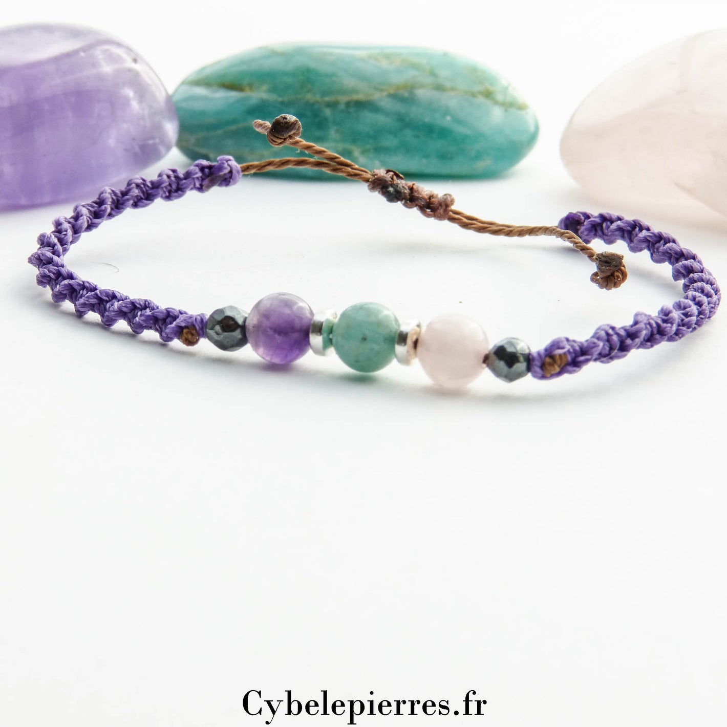 Bracelet Porte-bonheur réglable cordon - Amazonite, Améthyste et Quartz rose (6mm)