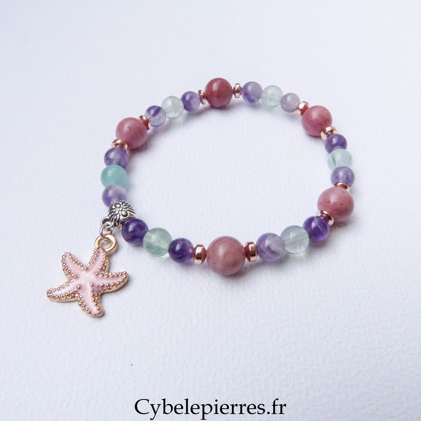 Bracelet Thulite, Fluorite et Améthyste (6 et 8 mm) – 18 cm | Collection Summer