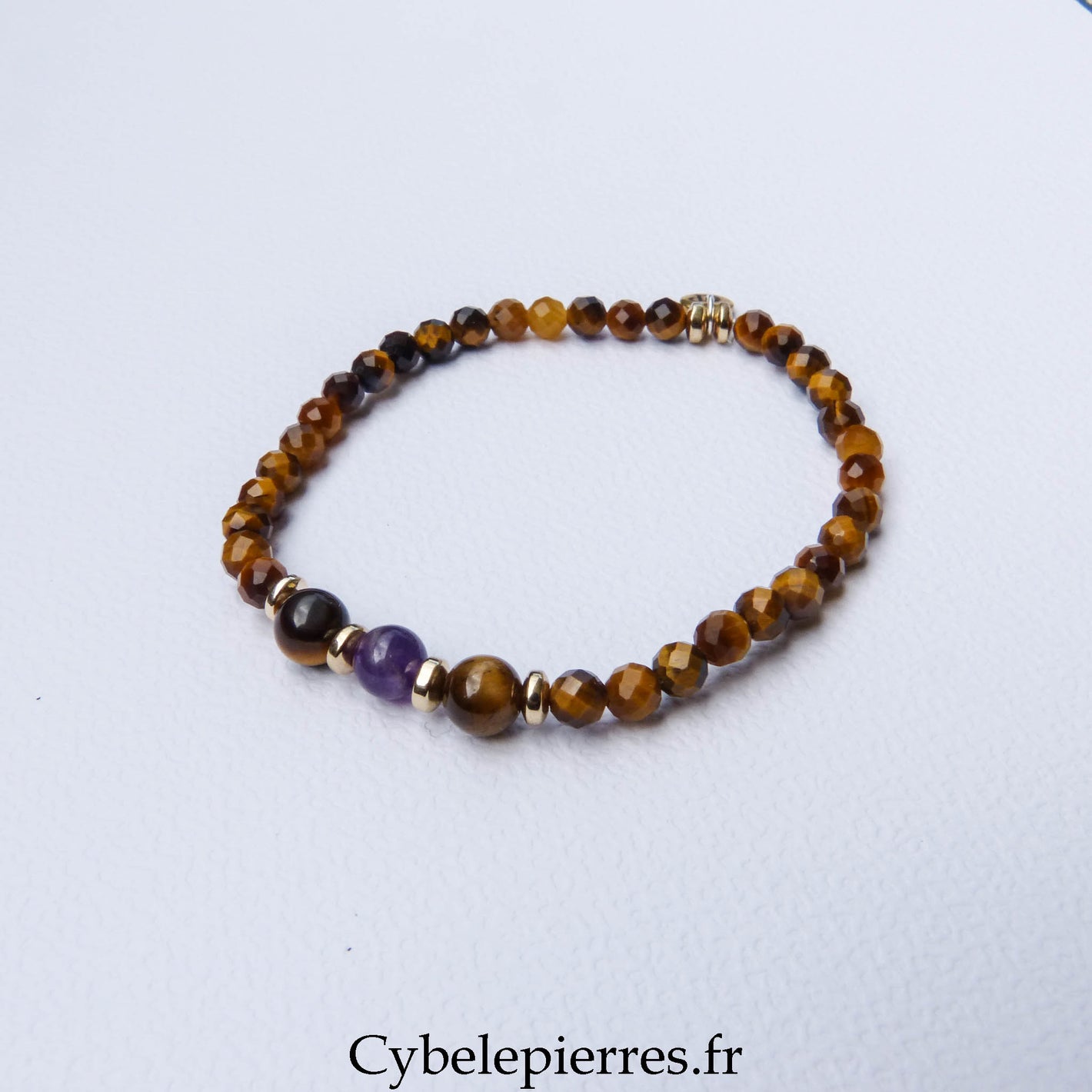 Bracelet Duo Signature – Œil de Tigre & Améthyste (6 mm) – 18 cm