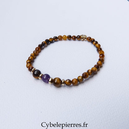 Bracelet Duo Signature – Œil de Tigre & Améthyste (6 mm) – 18 cm
